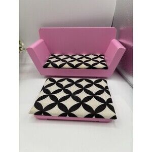 Dollhouse Furniture Wooden Sofa & Ottoman Pink Couch Black & White Cushions Used